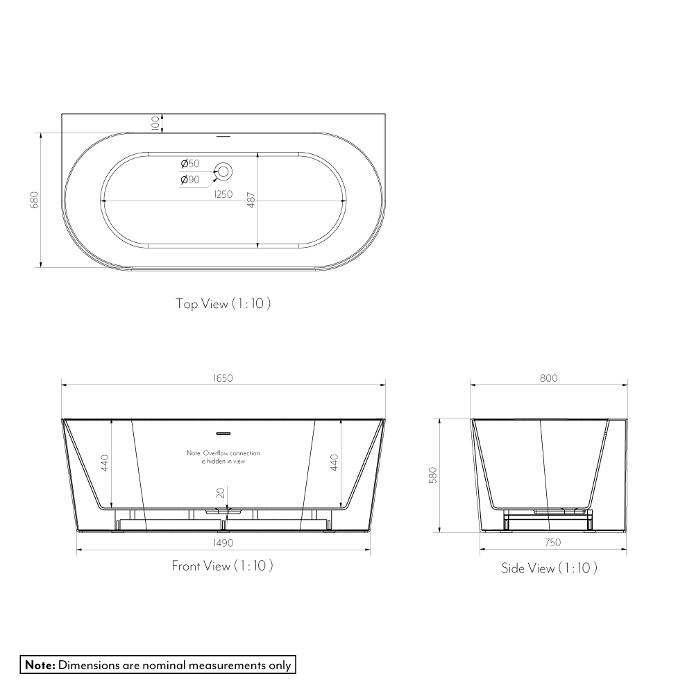 Azul Acrylic Back To Wall Freestanding Bath - Matte White 1650mm 