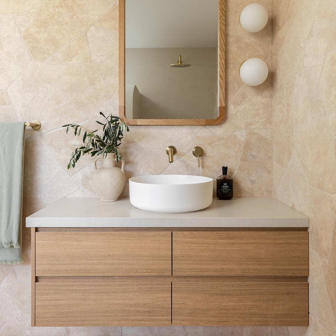 Brushed Brass Tapware  Bathroom feature wall, Bathroom interior